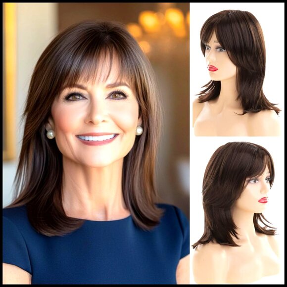Shoulder Length Layered Straight Synthetic Wig with Bangs Natural Cosplay main image 6